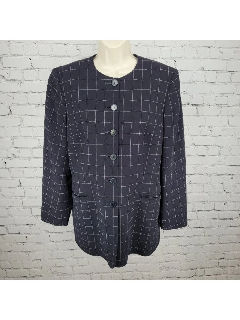 Jaeger Black Pure New Wool Windowpane Buttoned Collarless Suit Jacket Size 12